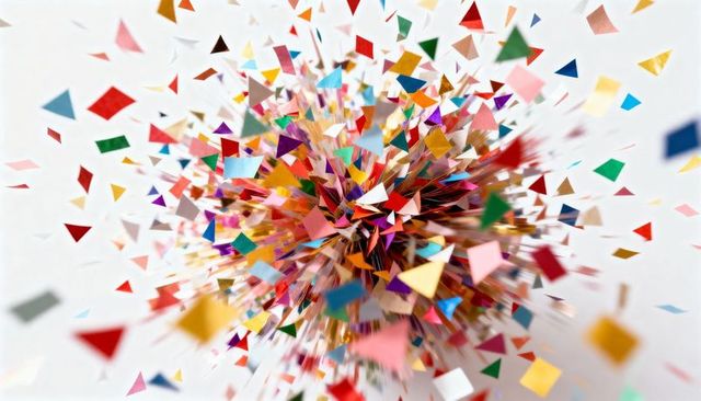 Colorful triangular confetti explosion radiating metallic foil fragments on white background