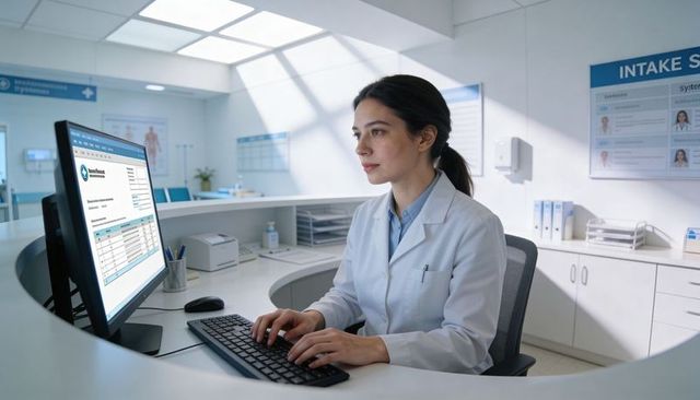 Clinic receptionist typing patient intake forms at modern reception desk under skylight