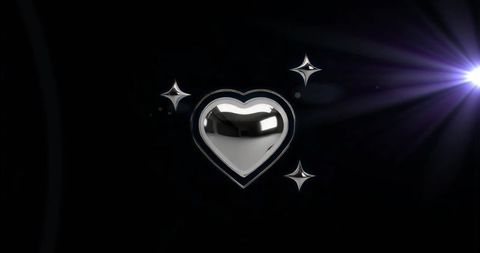 Floating Reflective Silver Heart Icon with Star Sparkles and Purple Lens Flare