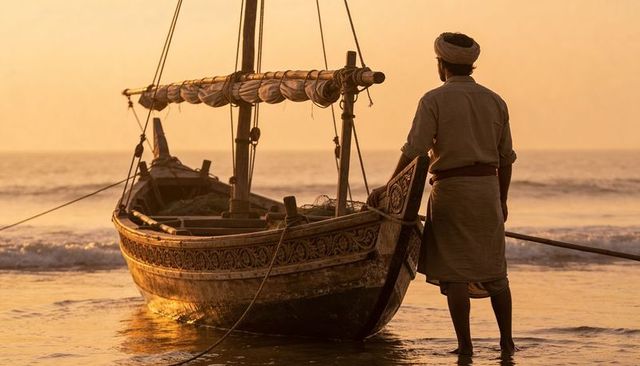 Fisherman standing beside carved wooden dhow at golden hour on tranquil shoreline