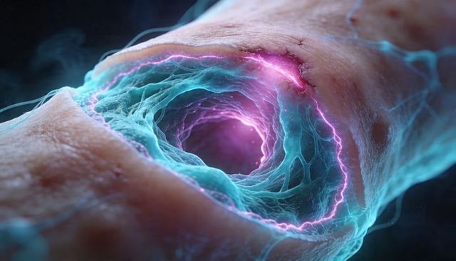 Revealing neon tubular lumen through flesh wall with glowing membranes and filaments