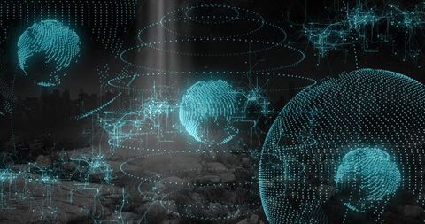 Futuristic Holographic Globes Hovering Over Dystopian Cityscape