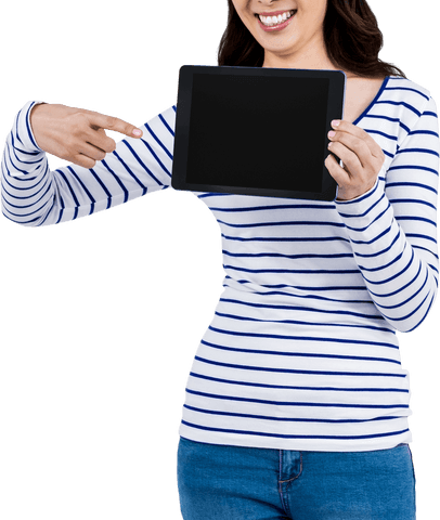 smiling woman pointing at tablet with transparent background - Download Free Stock Videos Pikwizard.com
