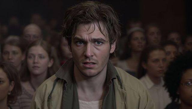 Worried young man standing in crowded auditorium looking tense under dim spotlight closeup