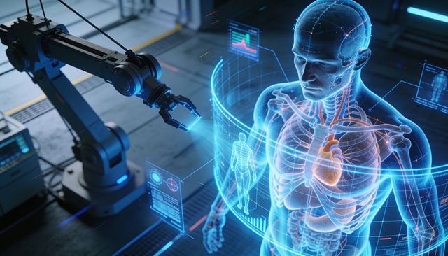 Medical hologram visualizing human anatomy with robotic arm performing diagnostics