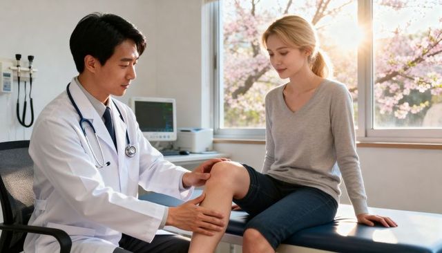 Doctor examining patient knee in sunlit clinic near window with blossom trees for orthopedics