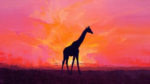 Giraffe Silhouette Walking Against Vibrant Sunset Sky