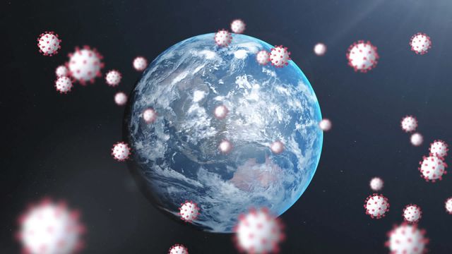 This image depicts COVID-19 cells flying over a globe, symbolizing the impact of the pandemic worldwide. Suitable for use in educational content on global health, informative material on the pandemic, and healthcare campaigns focused on raising awareness about viral spread.