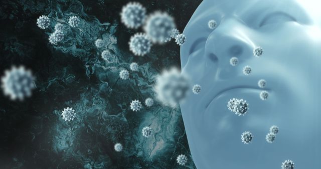 Digital depiction of virus cells and DNA against human face model on dark, abstract background. Ideal graphics for educational materials, biological research presentations, healthcare infographics, and articles related to pandemics, infection control, and human anatomy. Captures essence of the microscopic view of virus interaction with humans, highly useful for medical and scientific content creators.