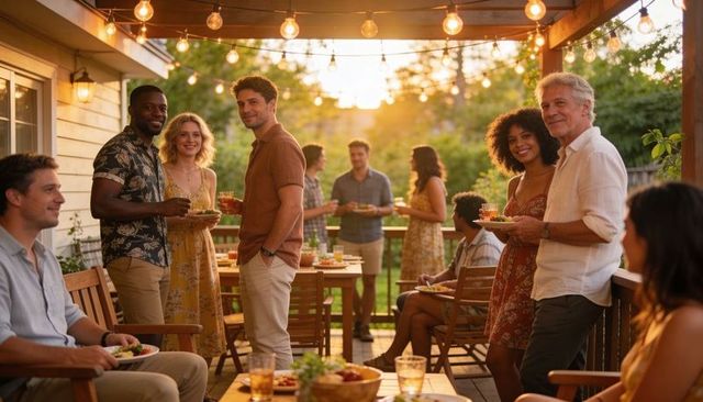 Golden-hour backyard summer gathering with friends on string-lit wooden deck