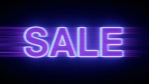 Glowing neon sale banner with motion streaks and futuristic purple-blue glitch effect