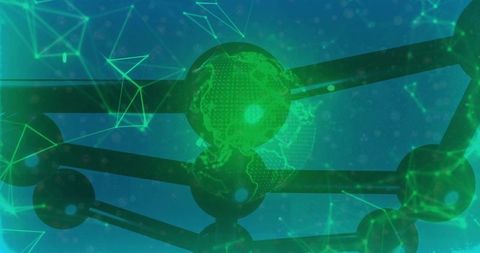 Vertical Rotating 3D Network with Dotted Globe and Glossy Nodes in Teal Futuristic UI