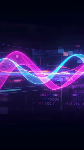 Magenta Cyan Waveforms Weaving Across Futuristic Data Interface | Vertical Motion Graphics