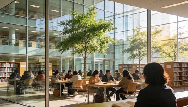 Students studying and collaborating in sunlit glass campus library with indoor trees