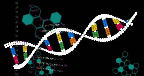 Digital Data Streams Overlapping Colorful DNA Strand
