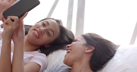 Teen Girls Relaxing with Tablet at Home
