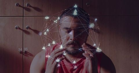 Man engaging with futuristic digital hologram interface