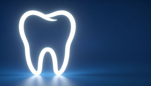 Glowing neon tooth outline on deep blue reflective floor, minimalist dental sign concept