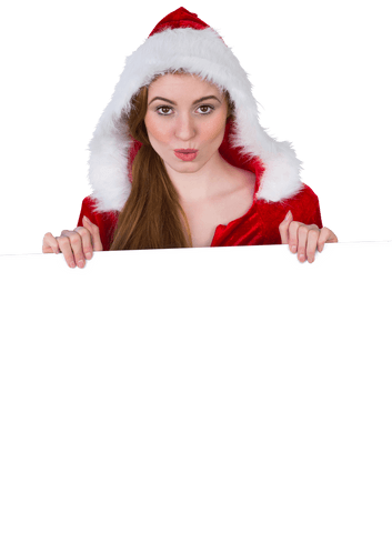 Transparent Background Santa Costume Woman Holding Blank Card