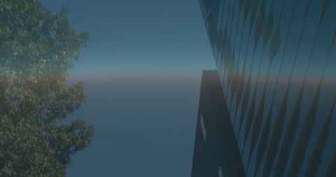 Glistening Light Trails Over Modern Skyscraper and Lush Foliage