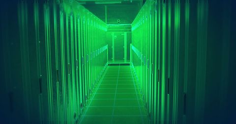 Futuristic Neon Server Room with Binary Code Overlay