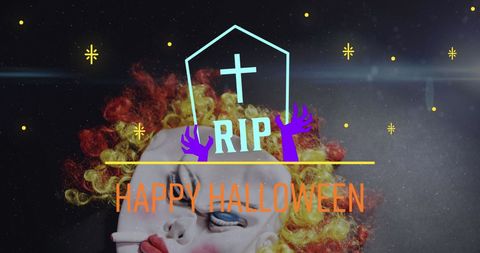 Spooky halloween clown mask with rip tombstone text