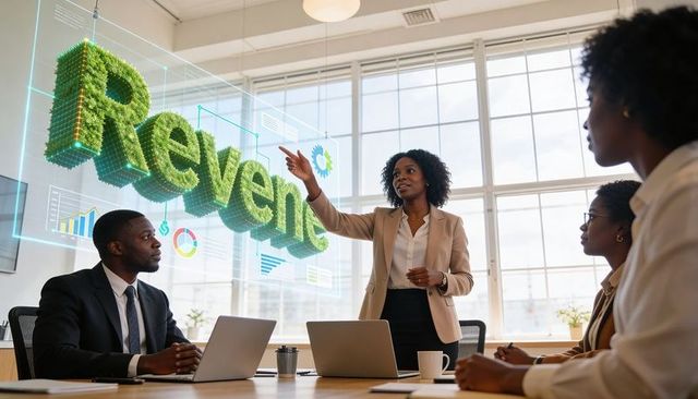 Business leader presenting holographic revenue visualization to team in modern office