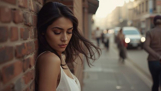 Windblown woman leaning on brick wall on urban sidewalk at dusk, contemplative portrait