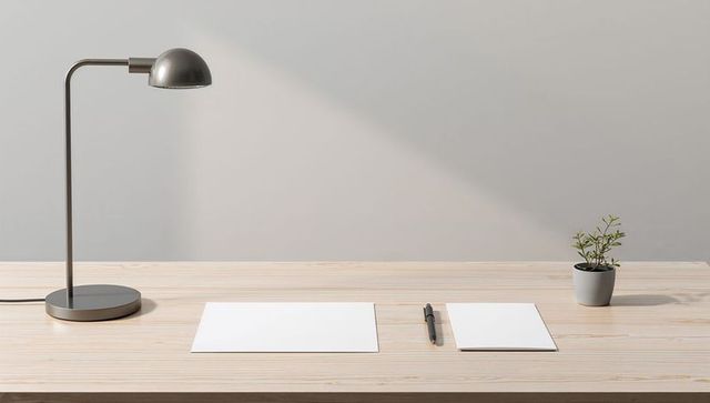 Minimalist wooden desk with metal lamp, blank paper and potted plant for modern workspace