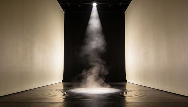 Minimalist Single Spotlight Illuminating Rising Fog and Circular Ripples on Reflective Stage