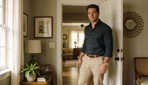 Stepping forward man in dark button-up and beige trousers in classic home entryway