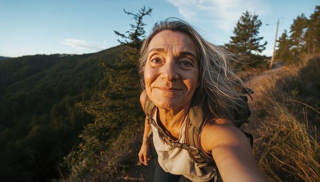 Smiling senior woman hiking on sunlit hillside trail with backpack straps visible