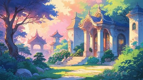 This artwork showcases an ornate Anime pavilion basking in the soft glow of sunset, surrounded by lush greenery and intricate pagoda gazebos. The ornamental design speaks of heritage and architectural elegance, creating an atmosphere of serenity and tranquility. Perfect for use in publications focusing on heritage architecture, gardens, and peaceful landscapes, or as decorative art for interiors to evoke calm and nostalgia.