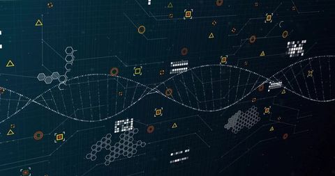 Flowing DNA helix crossing digital dashboard with hex clusters, circuit lines, data nodes