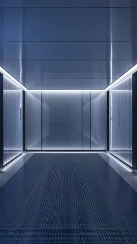 Revealing Futuristic Lab Corridor with LED Lighting and Reflective Steel Grate Floor | Vertical