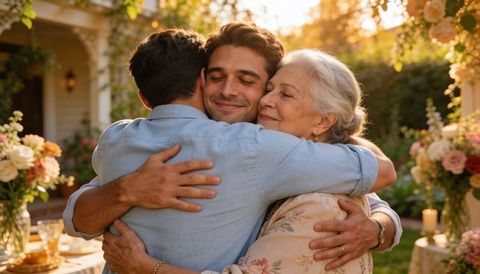 Sunlit multigenerational family embracing in garden hug with grandmother and adult sons