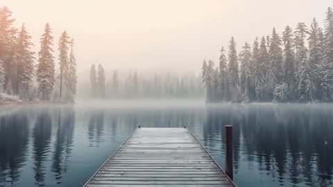 Frosted Dock Leading Into Misty Winter Lake at Dawn, Slow Cinematic Reveal