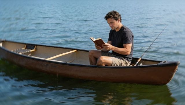 Man reading paperback in brown canoe on calm lake while fishing, summer outdoor leisure