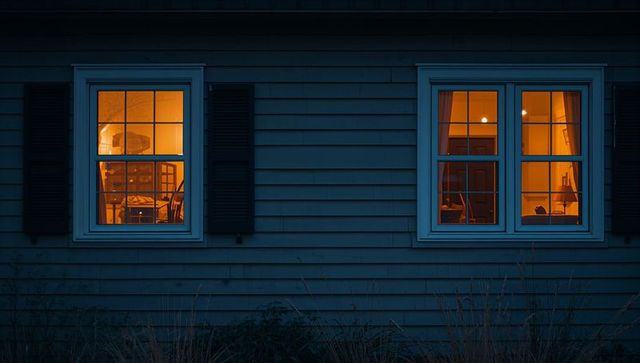 Warm interior glow through paired windows on blue clapboard siding at twilight
