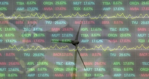 Stock Market Data Over Windmill Symbolizes Renewable Energy Transition