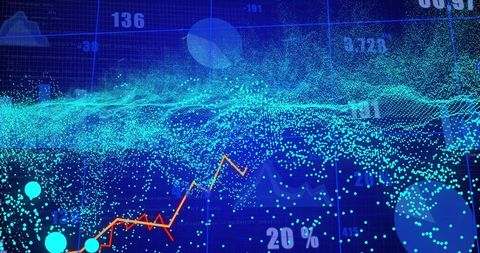 Turquoise Point-Cloud Wave Flowing Over Blue Financial Dashboard With Orange Line Chart