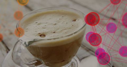 Coffee Cup with Digital Network Overlay on Wooden Table