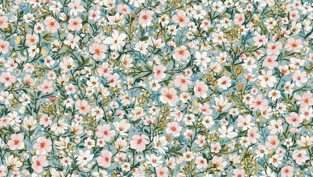 Seamless floral pattern featuring pale-pink and white blooms with blue fillers and seedpods