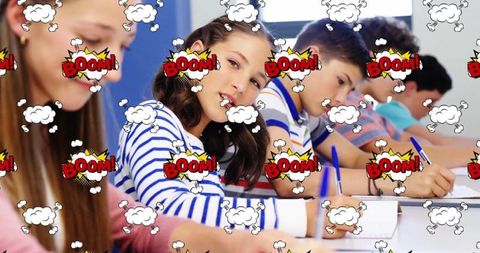 Students engaged in classroom penning with colorful comic overlay boom!