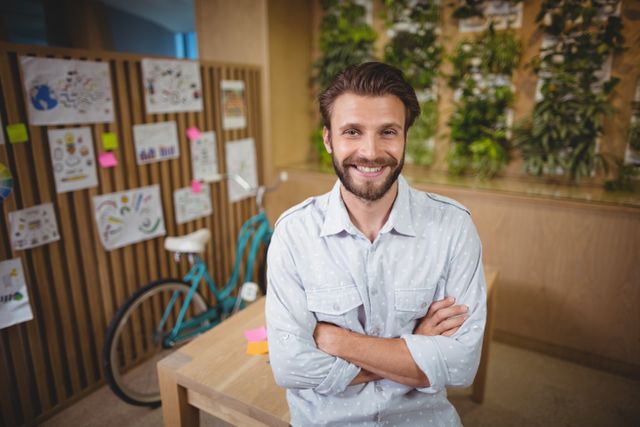 Young male business executive standing confidently with arms crossed in a modern office. The background features creative drawings, a bicycle, and green plants, suggesting a relaxed and innovative work environment. Ideal for use in articles or advertisements about modern workspaces, entrepreneurship, startup culture, and professional lifestyle.