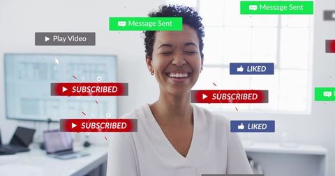 Smiling Woman Creator Celebrating Subscriber Growth with Liked and Subscribed Badges