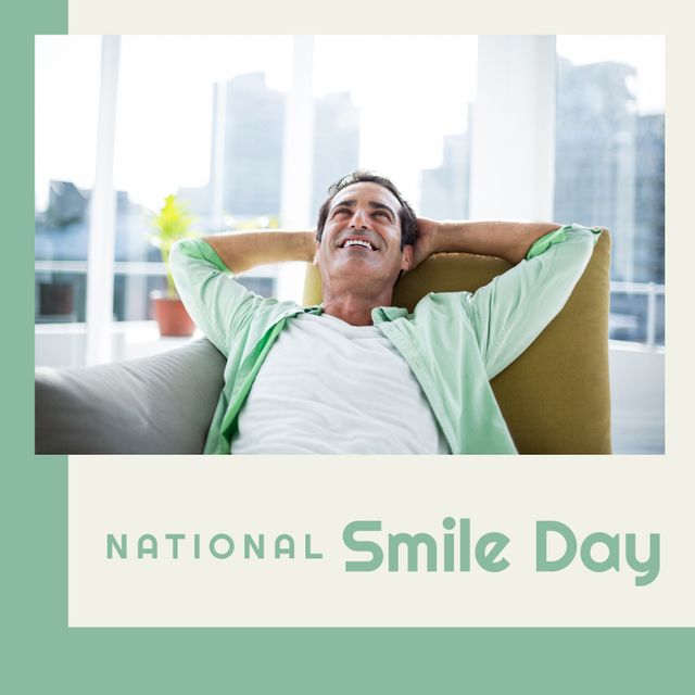 Composition of national smile day text over caucasian man smiling on green background. World smile day and celebration concept digitally generated image.