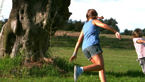 Children Playing Around Large Tree in Lush Field