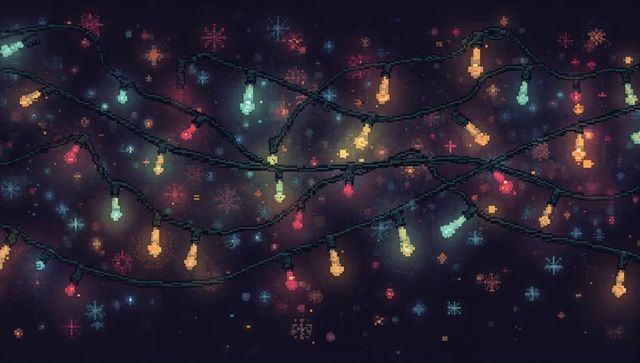 Glowing pixel string lights with retro bokeh and snowflakes, festive digital background