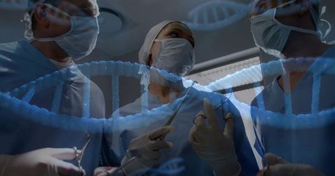 Surgical team performing precision surgery with dna overlay representing genomic medicine